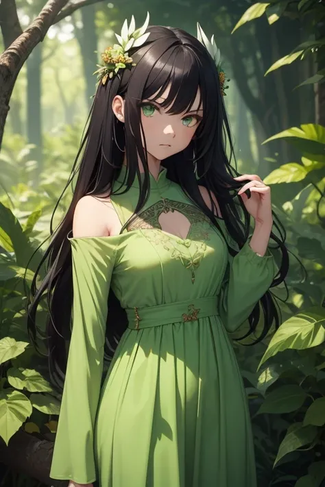 Make the anime-style image of a nature goddess. Your hair is long black hair,  your eyes are light green, But your face is serious, As if I were angry, her skin is fair and her outfit is a long sleeve green long dress too, sem decotes, and with branch deta...