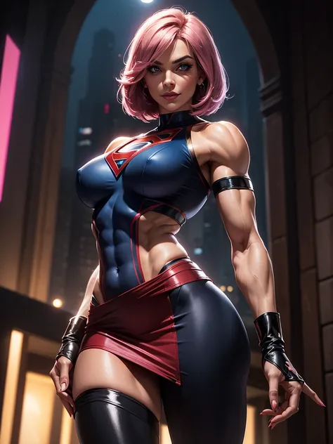 A gorgeous and stunning ((superheroine)), smirking, smiling, dominant, challenging demeanor, smug, teasing, tall, statuesque, imposing, towering, biceps, triceps, ((eight pack abs, extremely defined abs)), double bicep pose, ((black red blue costume, spand...