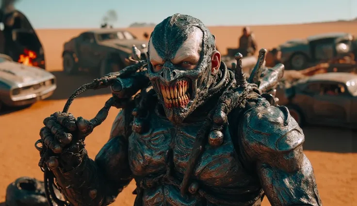 (best quality, 128k,highres,masterpiece:1.2),ultra-detailed,(realistic,photorealistic,photo-realistic:1.37), ((masterpiece)) ((photography)) ((Highest quality)) A hyper-realistic, ultra-detailed cybernetic fusion of Tom Hardy as Mad Max crossed with Venom....