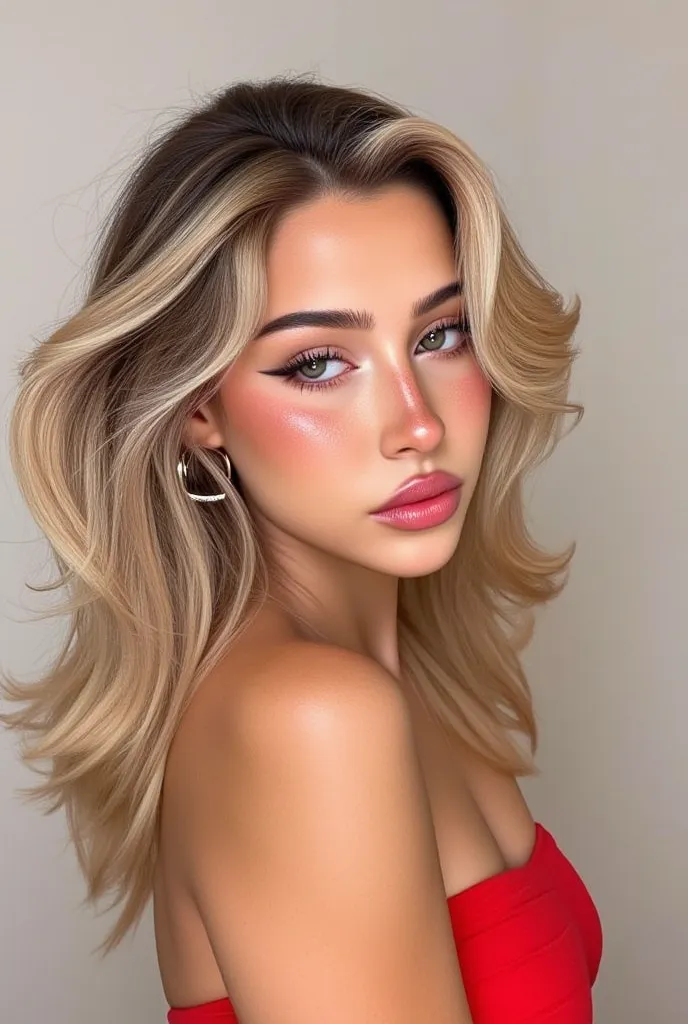 A captivating young woman with green eyes and a mesmerizing blonde balayage hairstyle poses elegantly against a soft, neutral background. Her silky, sun-kissed hair cascades in smooth waves, blending light and dark blonde tones seamlessly. Her gaze is conf...