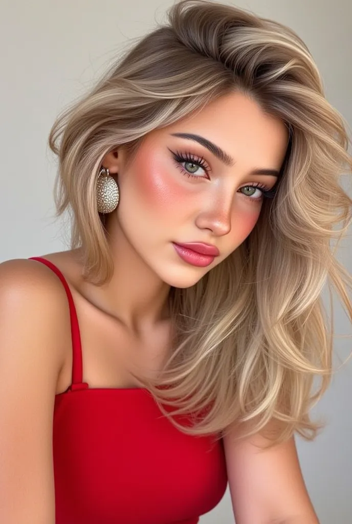 A captivating young woman with green eyes and a mesmerizing blonde balayage hairstyle poses elegantly against a soft, neutral background. Her silky, sun-kissed hair cascades in smooth waves, blending light and dark blonde tones seamlessly. Her gaze is conf...