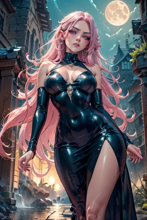 Perfect face. Perfect hands. A pink haired woman with violet eyes with an hourglass figure in a cool leather gown is posing in front of the moonlight