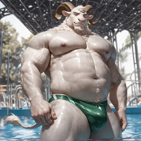 furry male, bara, mature male,
1boy, solo, bara, bare pectorals, biceps, white furry, furry male, detailed fur, white goat boy, goat horns, goat tail, goat ears, older, looking at viewer, huge bodybuilder, (fat belly:0.85), muscular male, nipples, veins, b...