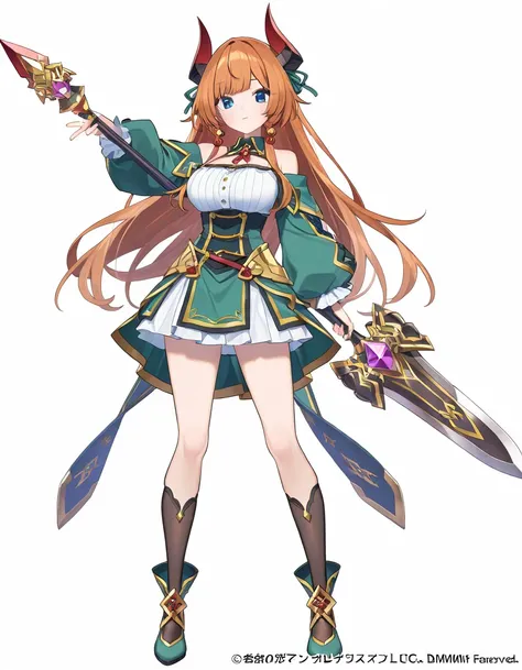 1girl, looking at viewer, simple background, full body, standing,  ayakashi rumble, Kamihime PROJECT, mist train girls, holding weapon, dmm,  character design, high-fantasy outfits, baffu, holding weapon,  shirasu_uni, 

