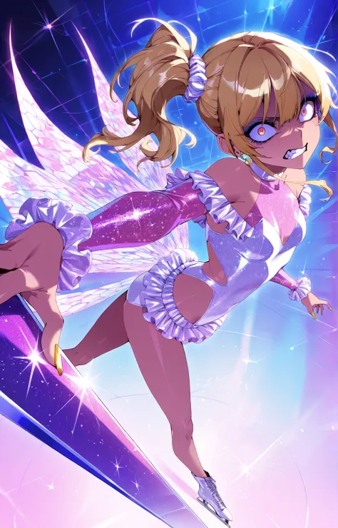 (sfw:1.5), makeup gyaru, cool beauty, solo girl, light skin, bee_wing, glitter white costume, extreme figure_skating, gold hair, high side ponytail, slender, small breast, serious, crazy eyes, clenched teeth, perspective, from side,