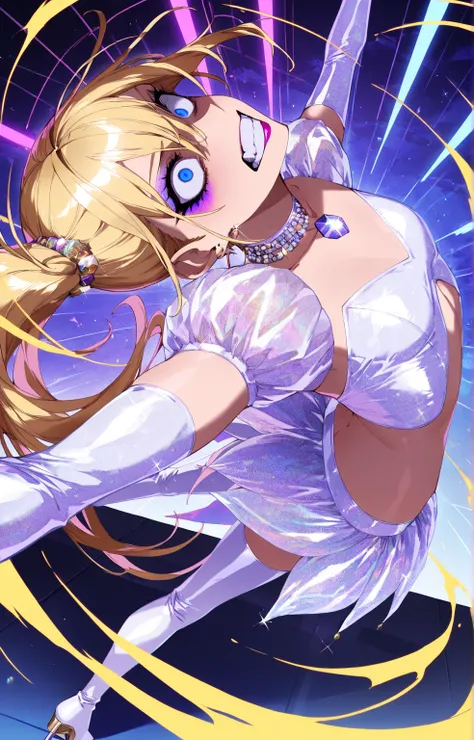 (sfw:1.5), makeup gyaru, cool beauty, solo girl, light skin, bee_wing, glitter white costume, extreme figure_skating, gold hair, high side ponytail, slender, small breast, serious, crazy eyes, clenched teeth, perspective, from side,