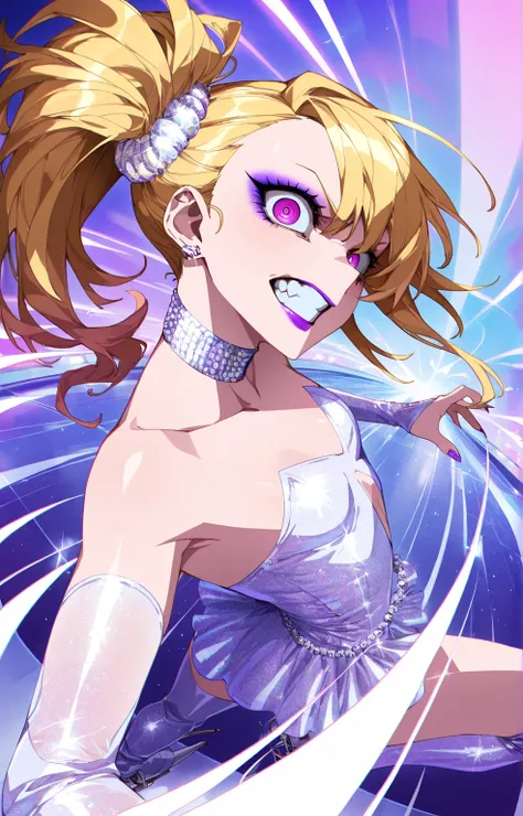 (sfw:1.5), makeup gyaru, cool beauty, solo girl, light skin, bee_wing, glitter white costume, extreme figure_skating, gold hair, high side ponytail, slender, small breast, serious, crazy eyes, clenched teeth, perspective, from side,