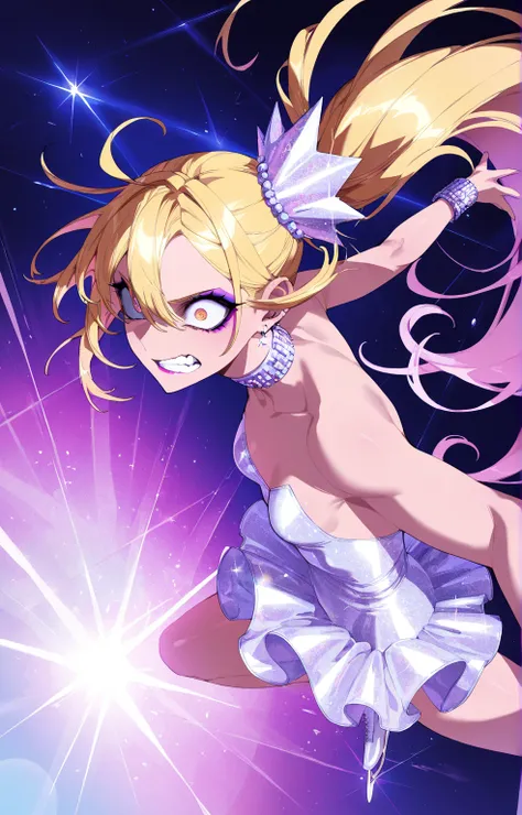 (sfw:1.5), makeup gyaru, cool beauty, solo girl, light skin, bee_wing, glitter white costume, extreme figure_skating, gold hair, high side ponytail, slender, small breast, serious, crazy eyes, clenched teeth, perspective, from side,