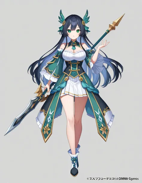 1girl, looking at viewer, simple background, full body, standing,  ayakashi rumble, Kamihime PROJECT, mist train girls, holding weapon, dmm,  character design, high-fantasy outfits,  holding weapon,  shirasu_uni, 

