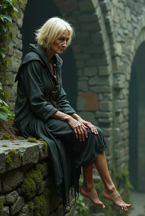 elderly witch with very short blond hair, sitting barefoot on the wall 