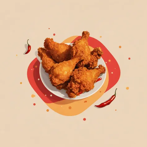 A minimalist flat design illustration of "spicy fried chicken" presented as clean, geometric shapes. The fried chicken is depicted as simple golden-brown drumsticks with bold red chili icons around them to signify spiciness. The background is a solid paste...