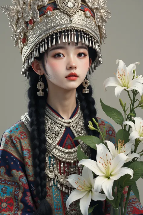  minority girl， gorgeous ornaments ， unique, lily, thorns, vase, white 花, white rose