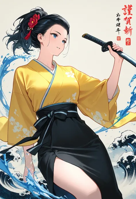 Ink painting, splashing ink, brushstrokes,,brushstrokes,An animated image of a woman in a kimono. The woman is holding a sword in her right hand. She has long black hair that is pulled back in a ponytail. She is wearing a yellow top with a black belt tied ...