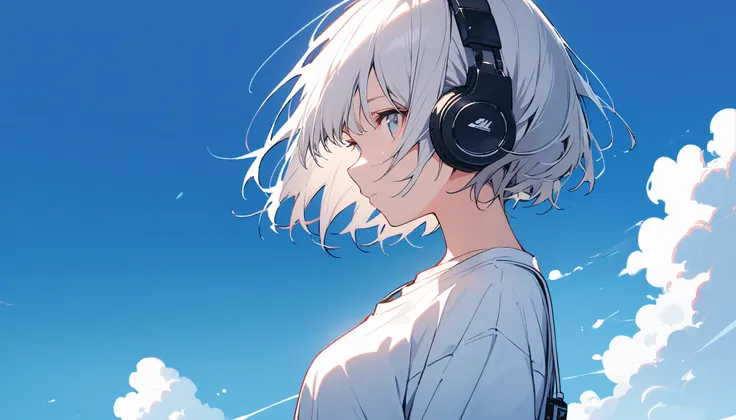  girl, Japanese, Silver Hair, Bob Hair, looking at camera, blue background,summer, blue sky, White Clouds , Upper Body Angle, white shirt, side view, wearing headphones , Plain White T Shirt ,Unpatterned clothes 