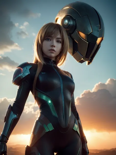 "A breathtaking photorealistic cinematic image of a striking young woman portraying Samus Aran in a sensually reimagined, form-fitting power suit, set against an otherworldly alien landscape with futuristic structures under a bright, partly cloudy sky wher...