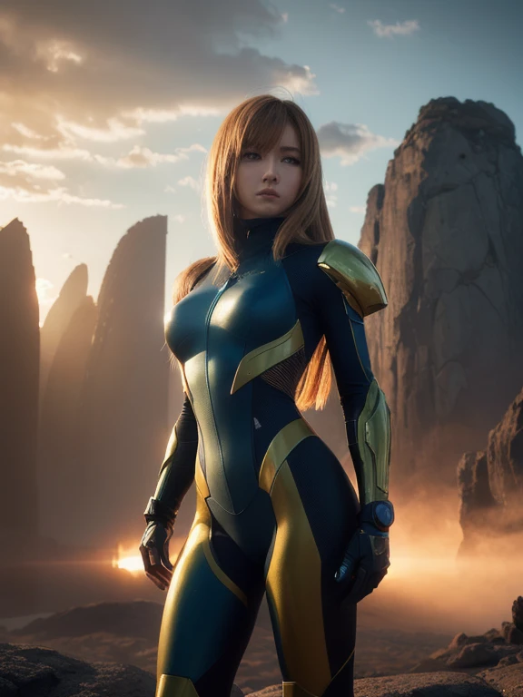 "A breathtaking photorealistic cinematic image of a striking young woman portraying Samus Aran in a sensually reimagined, form-fitting power suit, set against an otherworldly alien landscape with futuristic structures under a bright, partly cloudy sky wher...