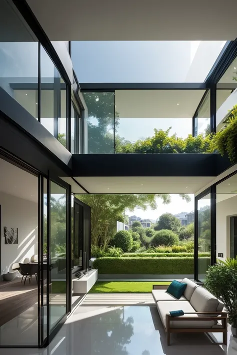 Glass wall  ,   Clean Line  , large windows,   natural light,   seamless integration  ,   lush green plants  ,   modern style  , architectural   Masterpiece,    Magnificent panorama   ,  High-end finish  ,   Beautiful outdoor terrace   ,    Garden green pl...