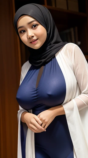 The Javanese Covered Hijab, thin slim flat, 7yo young girl, beauty baby face, the super sagging gigantic huge busty thicc, long cloak