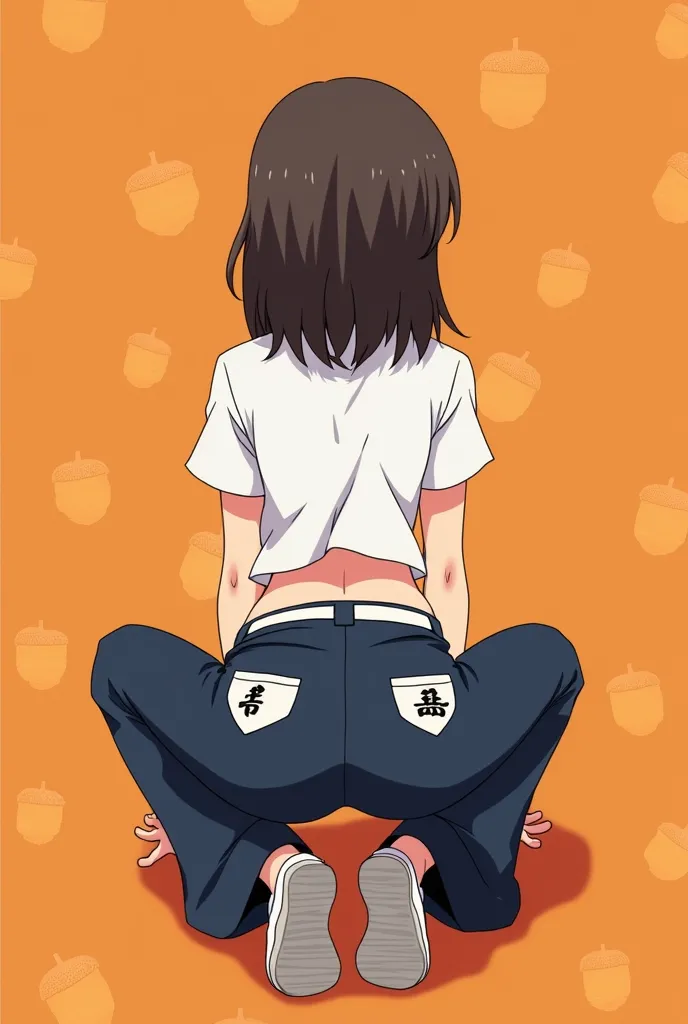  A sexy anime girl with her back wearing a short white shirt with dark blue flared pants and a white belt, with some symbols drawn on the back pockets of the pants and some shoes, He is on all fours with his butt stretched upwards with his hands on the flo...