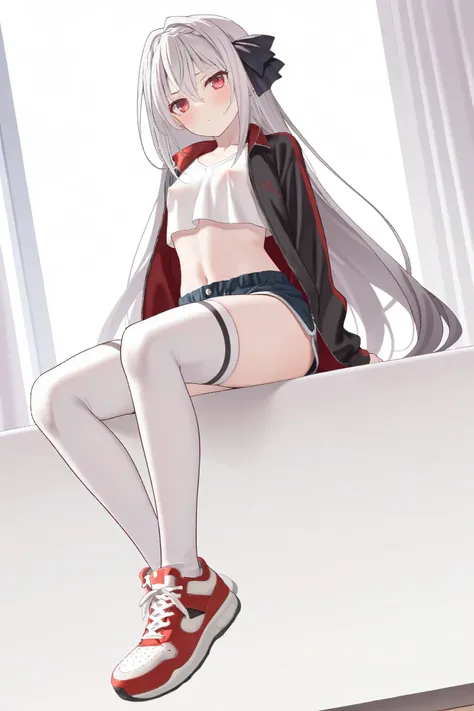 NSFW, Masterpiece, top quality, high res, very detailed, Sakurakouji Luna \(Tsuki ni yorisou otome no sahou\), gray hair, long hair, red eyes, small tits, jacket, crop top shirt , shorts, knee-high socks, sneakers, downtown