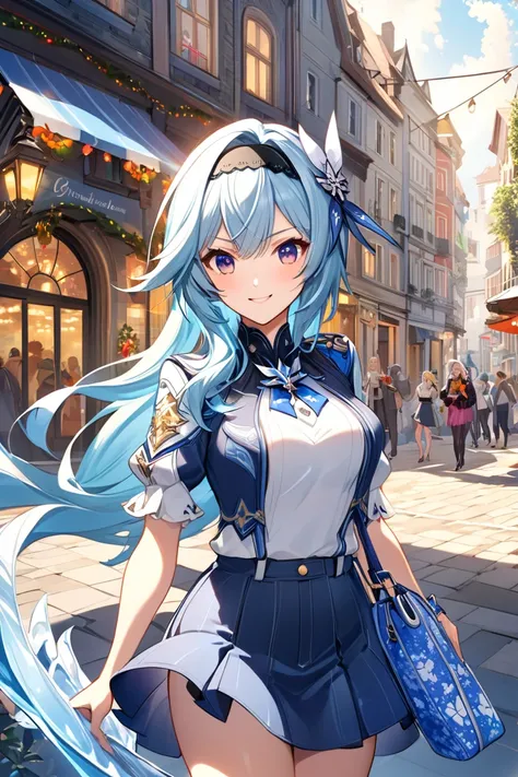 "Illustration of Eula ,  the Spindrift Knight of Mondstadt , in a modern and vibrant setting.  She is standing in a lively square ,  with historic buildings and colorful flowers around her .  Eula wears an elegantly styled mini skirt in blue and silver ton...