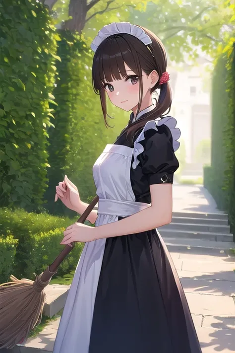 ((best quality)), ((masterpiece)), (detailed),1 girl。 brown hair side ponytail。blunt bangs 。   maid outfit。Happy。(moving composition)。Luxury Garden。Sweeping with a broom。