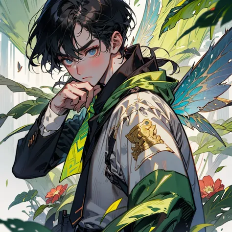 Fairy, male, forest, concept art, reference, clothes of leaves, black hair, fairy wings, fairy and office worker mix, depressed, tie