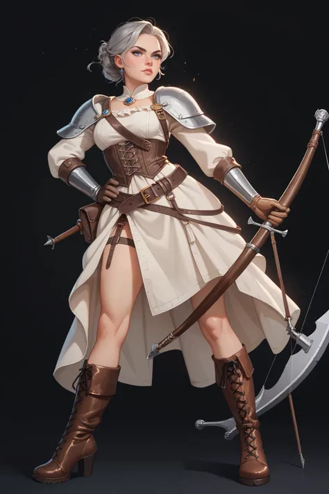 character with the look of a medieval fantasy archer or ranger. She wears detailed leather clothing, including a dark outfit reinforced with metal buckles and straps, protective gloves and long boots. Her short, gray hair with a raised lock on top gives he...