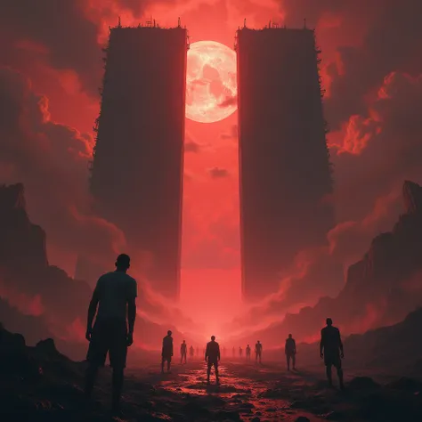 "Massive celestial gates closing in the sky, symbolizing the end of repentance, while desperate souls cry out beneath a crimson-lit horizon."