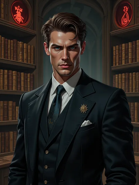 An ilustration of a sophisticated Tremere vampire with a modern yet timeless elegance. He is a tall, charismatic Caucasian man with a serious and enigmatic expression. His sharp, chiseled features are framed by neatly combed dark brown hair, and his pierci...