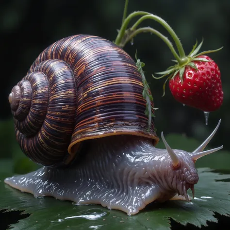 a snail woman (big snail shell on lower back and butt, gorgeous, huge breasts, big butt, wide hips, slimy sheen to skin gray violet, lively color slime bikini, well defined labia, her eyes are on snail eyestalks, somewhat vacant stare), she is crawling alo...