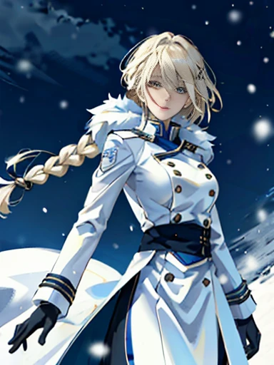 ( highest resolution,  clear_ images)  top quality,  single person ,  one girl, Alone,  masterpiece,  High precision,  by Nomi,  long hair,  white blond hair braided , (blue military uniform under the coat ),  depth of coverage, Outdoor Background,  it's s...