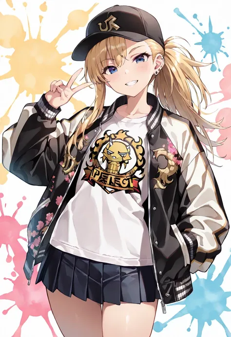 ((masterpiece, best quality, ultra detailed, high resolution, beautiful detailed face, beautiful detailed eyes, perfect hands)), (1 girl, solo), (blonde long hair, ponytail), (sukajan, souvenir jacket, print t-shirt, miniskirt), (sneakers, baseball cap, ea...