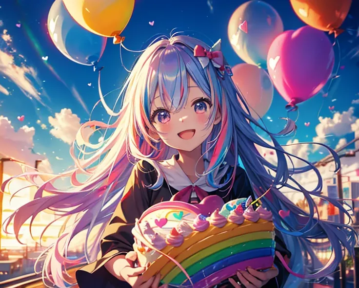 birthday　anime　 happy birthday🎂1人の女の子,  long hair,  high definition , masterpiece, 、 balloon、colorful 、heart、heart、paint、 Planet、rainbowPomeranian、soap bubble 、best quality、 birthday party 、 birthday cake、 smiles、、 balloon、colorful 、heart、heart、paint、 Plan...