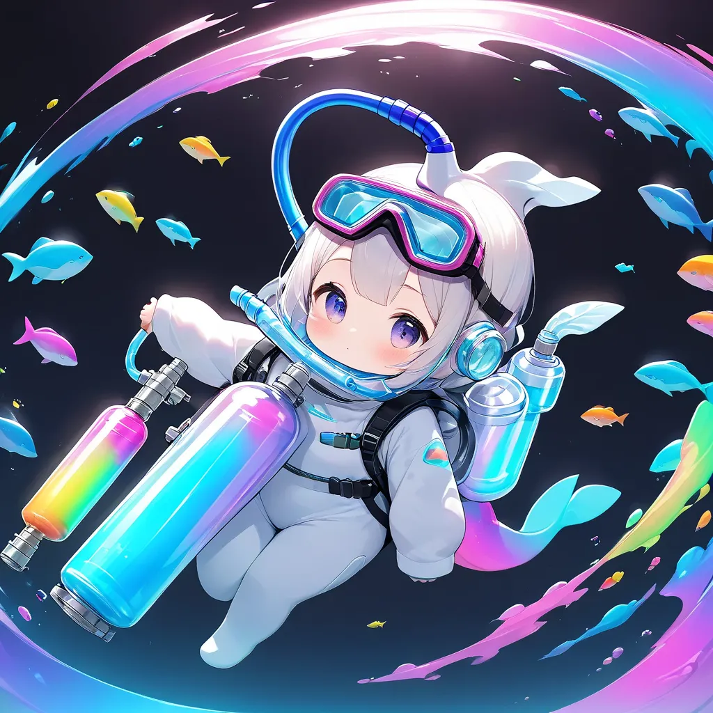 dolshy, Alone, Diving into space, Holographically reflective snorkel, A transparent oxygen cylinder that looks like a spray bottle, Colorful gradient, 