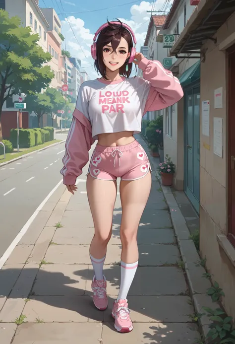 rape, 18 year old Ayase Momo running in the morning on the park path, pink crop top with heart print, tight sports shorts, white knee socks and pink sneakers, big headphones on her head, smile on her face, loud onomatopoeic speech, soft morning light, morn...