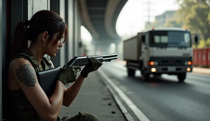 Female soldier alone hiding behind a door aiming with a shotgun in hand at a soldier hiding behind a truck under a footbridge 