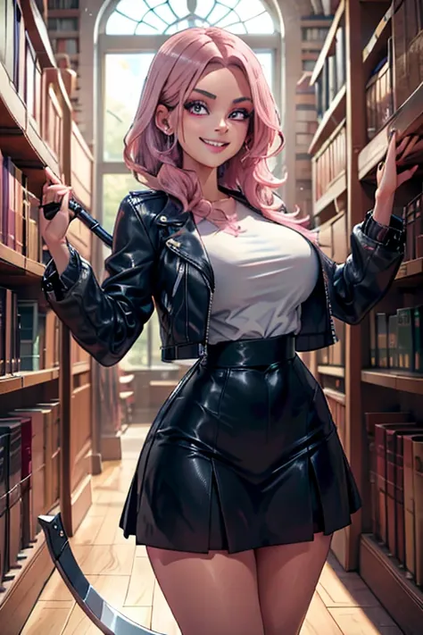 Perfect face. Perfect hands. A pink haired woman with violet eyes with an hourglass figure in a cool leather jacket and skirt is holding a scythe with with a big smile in a library