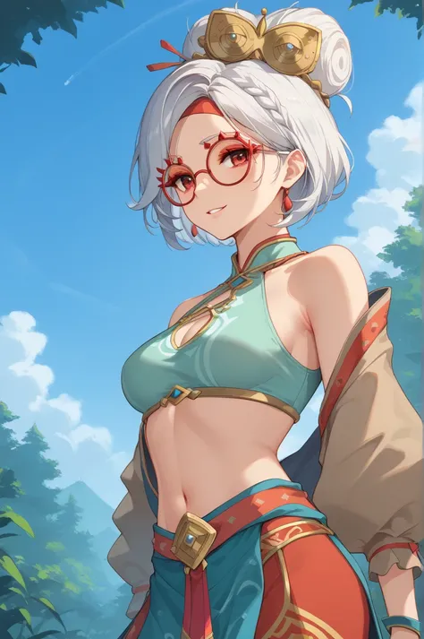 score_9, score_8_up, score_7_up, score_6_up, anime source, anime style, solo, 1girl,
white hair, red eyes, red-framed eyewear, red headband, hair ornament, red eyeshadow, braid,
gerudo attire,
medium breasts, seductive smile, parted lips, eyelashes, standi...