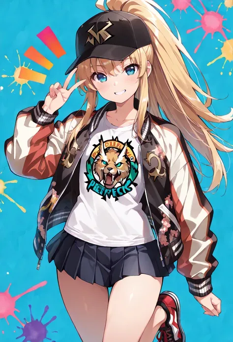 ((masterpiece, best quality, ultra detailed, high resolution, beautiful detailed face, beautiful detailed eyes, perfect hands)), (1 girl, solo), (blonde long hair, ponytail), (sukajan, souvenir jacket, print t-shirt, miniskirt), (sneakers, baseball cap), s...