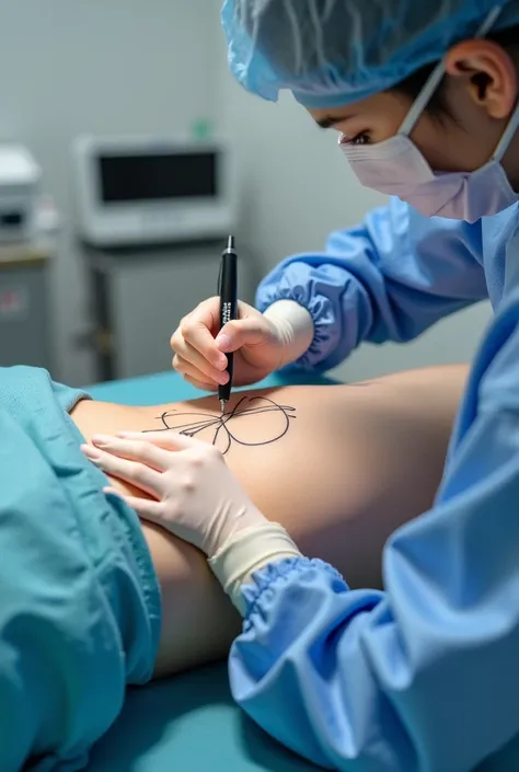  Here is an extremely detailed description of the image of the girl lying on the operating table ,  self-measurement drawing of the umbilical hole before surgery type full umbilical removal :


 ---

Main subject :  Girl on operating table

Gender :  Femal...