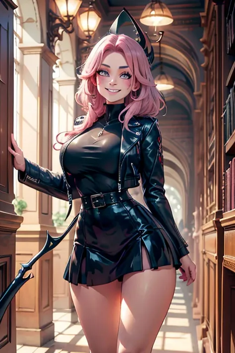 Perfect face. Perfect hands. A pink haired woman with violet eyes with an hourglass figure in a cool leather jacket and skirt is holding a scythe with with a big smile in a library
