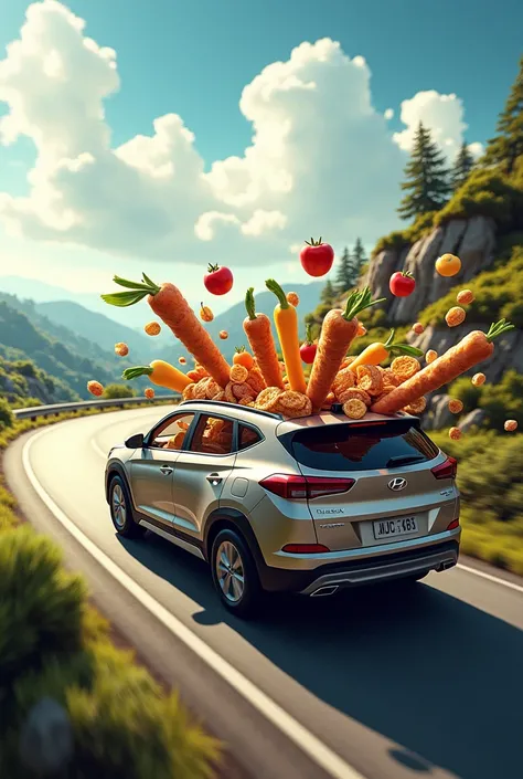 Draw where Hyundai Tucson is driving and food sticking out the windows