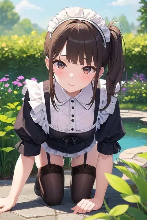 ((best quality)), ((masterpiece)), (detailed),1 girl。 brown hair side ponytail。blunt bangs 。   maid outfit。Happy。(moving composition)。Luxury Garden。 garter belt。Pond Side 。 roll up skirts。pussy juice spills。 on all fours。