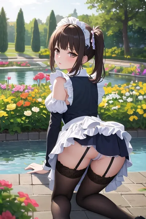 ((best quality)), ((masterpiece)), (detailed),1 girl。 brown hair side ponytail。blunt bangs 。   maid outfit。Happy。(moving composition)。Luxury Garden。 garter belt。Pond Side 。 roll up skirts。pussy juice spills。 on all fours。