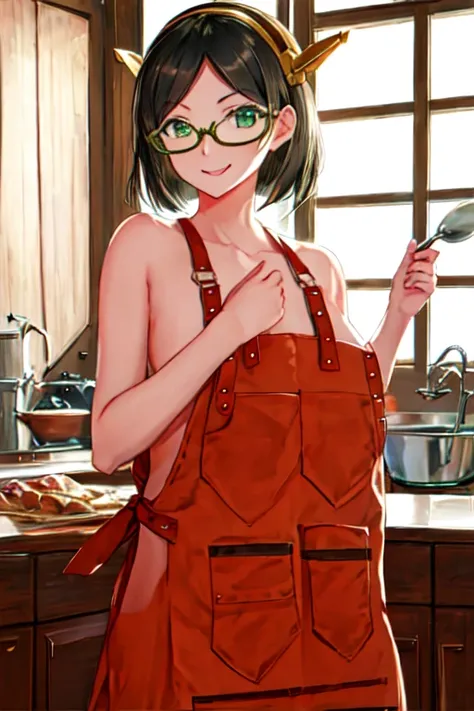  top quality,  masterpiece,  high res, Alone,  naked apron, completely naked, ruffled aprons ,kitchen, {Kirishima_  Kangtai Collection :1.15}, short_hair, glass, black_hair, hairband, Non-traditional_Shrine maiden,  green frame_  eyewear ,  headgear , smil...