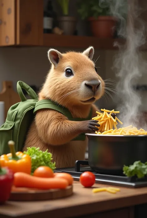 A cute capybara with brown fur and expressive eyes is in a cozy, rustic kitchen, wearing a small green backpack. It has a focused expression as it stands by the stove, holding a handful of pasta and placing it into a pot of boiling water. Steam rises from ...