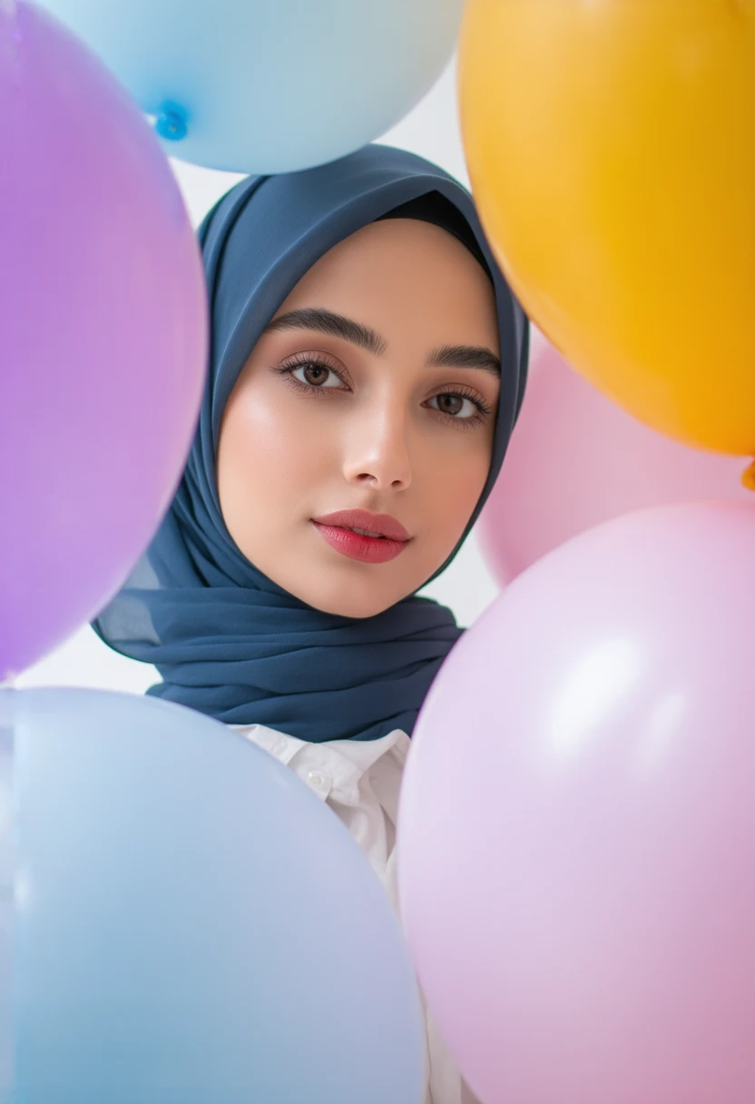 "Portrait, young woman, blue hijab, serene expression, soft lighting, dreamy, ethereal, vibrant balloons (purple, yellow, pink, blue), whimsical, subtle makeup, red lips, blurred pastel background, harmonious colors,