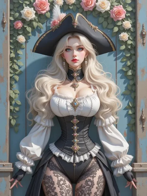 This is a highly detailed, digitally enhanced photo featuring a woman in an elaborate pirate-themed costume. She stands confidently in front of a vintage, bluish-painted wooden door adorned with an intricate floral arrangement of roses and white, green lea...