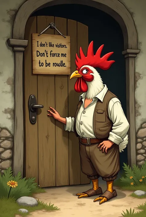 " Anthropomorphic chicken ,  wearing rustic costume  ( white linen shirt , brown vest, simple pants, rustic shoes ),  approaches an old wooden door with a sign that says 'I don't like visitors. Don't force me to be rude. '.  Fable style illustration ,  war...